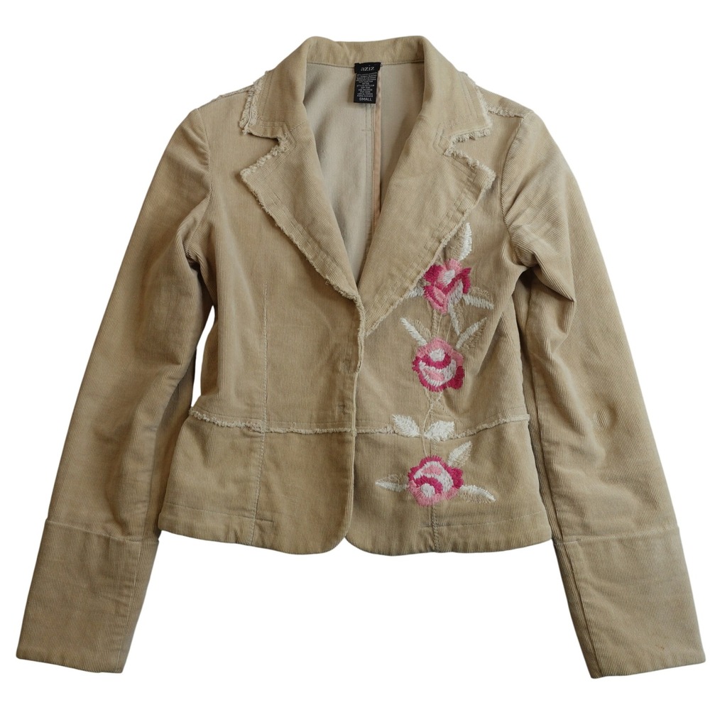 Vintage Y2K Embroidered Corduroy‎ Blazer S Tan Pink Floral Cotton Boho Cottage